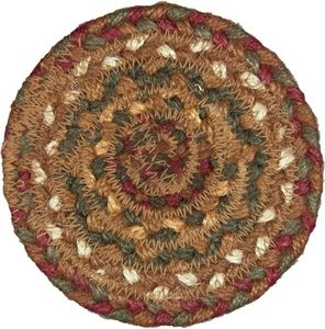 VHC Brands Tea Cabin Jute Coaster Set of 6 Log Cabin Country Rustic Lodge Kitchen Tabletop Design, Moss Green and Deep Red