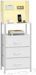 Furnulem Tall Nightstand with 4-Tier Shelves, Night Stand with 3 Fabric Drawers and Charging Station, Bedside Nightstand with Bookshelf, Bed Side Table for Bedroom, Home Office, Dorm (White)