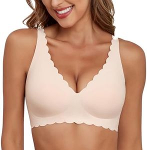 Xcutting Deep V Wireless Bras for Women No Underwire Scalloped Seamless Bralettes for Women with Support Petal Wavy Womens Bras with Extender (Nude,Large)