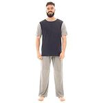 Sock Stack Mens Long Pyjama Sets Cotton Pyjamas Loungewear T Shirt Pants PJ Set, Large Navy/Marl Grey