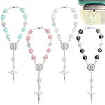 4 Pcs Rosary Beads Catholic, FineGood Cross Car Mirror Hanging Accessories Blessing Auto Rear View Mirror Pendant Car Decor Interior