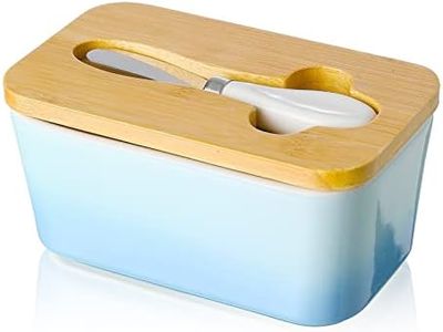 Porcelain Butter Dish with Knife & Wooden Lid, Candiicap Airtight Butter Keeper for Countertop, Large Butter Holder for East West Coast Butter(Sky Blue)