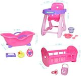 JC Toys Deluxe Doll Accessory Bundle | High Chair, Crib, Bath and Extra Accessories for Dolls up to 11" | Fits 11" La Baby & Other Similar Sized Dolls, Pink (81453)