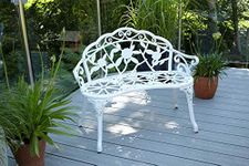 Home Source Cast Iron Garden Bench Metal Frame Patio Chair Outdoor Seating, White, 2 Seater