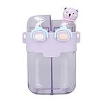 Kawaii Water Bottle with Straw, Double Chamber Cute Water Bottle with Adjustable Strap and 3D Stickers, Portable Leakproof Sports Water Jug for Outdoor, Sports, Travel (Purple)