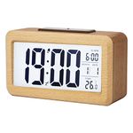 Vihimi Digital Alarm Clock Wooden Large LED , Smart Sensor Night Light with Snooze, Date, Temperature, 12/24Hr Switchable,Solid Wood Shell, for Bedrooms and Travel,Battery Operated(Dark Brown)