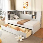 BTM Platform Bed, Single Bed with Drawers, Bookshelf & USB, Single Bed with Storage, Multifunctional Bed, Household bed with Dust-proof Cabinet and Shelves, 3FT(90 * 190cm)