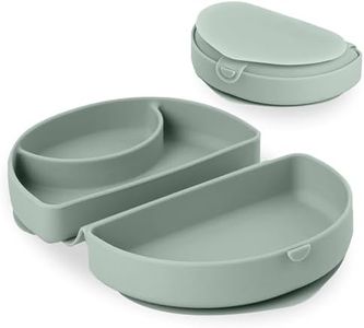 Miniware Baby Travel Plate with Suction - Foldable Silicone Baby Travel Essential to Promote Self-Feeding - Dishwasher Safe, BPA Free, Silicone Baby Plate For On The Go - Eucalyptus Silifold