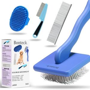 Bonteck Dog Slicker Brush for Dogs Grooming Kit 4PCS | Large Dog Brush for Goldendoodles Poodles Doodles | Long Pin Haired Brush | Poodle Brushes and Comb (Blue)