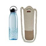 Kind Strings Sling Bottle Bag Wine Bottle Gift Bag Handmade Eco-Friendly Crochet Knitted Sling Water Bottle Cover for 1 Litre Bottles for Office & Travel (White & Beige)