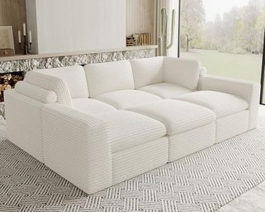 Belffin Boneless Modular Cloud Sectional Sleeper Sofa Bed Plush Corduroy Boneless Sectional Couches for Living Room with Ottoman No Assembly Required. Beige Couch