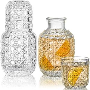 Coloch 2 Sets Vintage Bedside Water Carafe Set With Tumbler, 4 Pcs 14Oz Clear Glass Mouthwash Bottle Nightstand Carafe and Glass for Handy Midnight Drink Set for Water, Juice, Kitchen, Bedroom