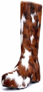 XOBZJH Women’s Wide Calf Cowgirl Boots – Handmade Knee-High Country Cowboy Winter Boots with Genuine Calf Hair, Shearling Lining & Platform Sole, Retro Western Style