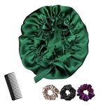 Atrube Satin Silk Bonnet for Hair with 3 Premium Scrunchies, Adjustable Silk Hair Cap Sleeping and Drawstring Silk Bonnet for Curly Hair with Ribbon Tie Band, Satin Hair Wrap (Dark Green)