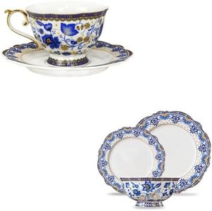 ACMLIFE Tea Coffee Cup and Saucer Set, Bone China Dinnerware Set for 4, Blue and White