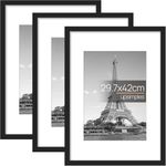 upsimples A3 Picture Frame, 3 Pack Black Photo Frame, A3 Frame 29.7 x 42cm, Wall Hanging Photo Frame