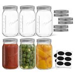 32 Oz Mason Jars With Lids, Labels and Measures! 6-Pack Wide Mouth Mason Jars, Glass Jar with Lid and Band. Airtight Canning Jars, Overnight Oats Jars, Salad Jars, Sourdough Starter Jar