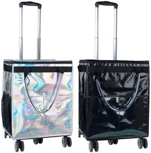 Phantom White, Black Grocery Bags on Wheels, Rolling Tote, Portable Shopping Cart for Groceries with Wheels and Drawstring Bag