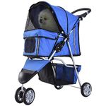 PawHut Pet Travel Stroller Cat Dog Pushchair Trolley Puppy Jogger Carrier Three Wheels for Small Miniature Dogs(Blue)