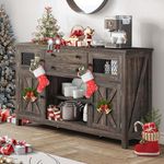 DWVO Sideboard Buffet Cabinet with Storage, 59" Farmhouse Coffee Bar Cabinet, 2 Large Drawers & Visual Grid Door, Storage Cabinet with Barn Door for Kitchen & Living Room, Dark Rustic Oak