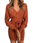 heekpek Women Jumper Dress Bodycon Dress Long Sleeve Jumper Dress Slim Fit Sweater Dresses V Neck Knitted Jumper Dress for Office, Parties, Leisure, Cocktail Parties, Rust red, Size S