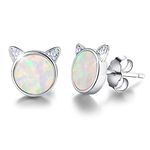 Esberry 18K Gold Plating 925 Sterling Silver Opal Cat Stud Earrings Cute Cat with Natural Stone Hypoallergenic Earrings for Women and Girls (White Gold-White Opal)