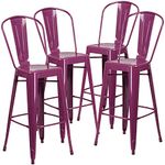 Flash Furniture Commercial Grade 4 Pack 30" High Metal Indoor-Outdoor Barstool with Back, Purple, Set of 4