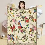 Watercolor Birds Throw Blanket Gifts for Girls, Vintage Beige Cardinals Hummingbirds Soft Cozy Plush Flannel Blanket for Kids Bedroom, 40 x 50 inch Birds Fleece Fluffy Blanket for Women Couch Bed Sofa