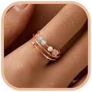 LOVECOM 14K Gold Plated Filled Fidget Rings With Opal S925 Sterling Silver Adjustable Open Anxiety Ring for Women Cute Stress Relieving Spinner Ring With Beads Jewelry Christmas Gifts for Mom (Rose Gold)