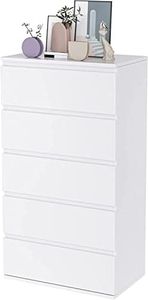 FOREHILL Cajonera con 5 Cajones, Sinfonier, Mueble Cajonera, Cómoda Dormitorio, Mueble Almacenaje Madera, para Salón, Blanco, 55x33x100cm