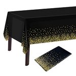 PLULON 2Pcs Black Gold Dot Tablecloth Black and Gold Table Cover 137 x 274cm Plastic Rectangle Table Cover for Black and Gold Party Birthday Table Decorations