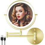MIROAMZ Rechargeable Wall Mounted Lighted Makeup Vanity Mirror 8 Inch Double Sided 1X 10X Magnifying Bathroom Mirror, 3 Color Lighting, Touch Screen Dimming, 360 Rotation Shaving Mirror Gold