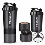 ACUNA Protein Shaker Bottle 600ml- 3 Layered Twist Off Cups For Pill & Supplement Storage - Steel Mixing Ball For Lump Free Smooth Shake- Easy To Clean Gym & Sports Shaker Bottle (Power -Black)