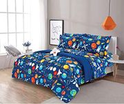 Sapphire Home 8 Piece Space Themed Queen Bedding Set for Boys, Bed in a Bag, Kids Comforter Set with Bed Sheets, Pillow Case, Toy Pillow, Planets, Solar System Bedroom Kit for Toddlers, Queen Size