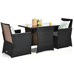 KOTEK 3 Piece Outdoor Dining Set, PE Rattan Dining Table & Chairs Set with Tempered Glass Top & Cushions, Wicker Conversation Set, Patio Bistro Set for Backyard Garden Porch (Grey)