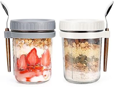 Xigugo Overnight Oats Container with Lid and Spoon, Overnight Oats Jars, 16 oz Cereal, Milk, Vegetable and fruit Salad Storage Container with Measurement Marks(white and grey)