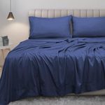 LINENWALAS 100% Cotton Percale Bedsheet with Pillow Covers | Soft, Cool & Crisp Hotel Quality Flat Sheet | Double Bed Size - 300 TC (90x100 Inches, Indigo)