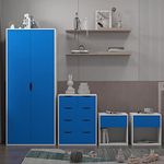 AFN Home Delvito 4 Piece Bedroom Furniture Set - Includes Wardrobe, 5 Drawer Chest, Bedside Cabinet (Blue on White)