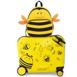 HOMFME 2 PCS Kids Luggage Set, 18 Inch Children Ride on Suitcase with 12 Inch Backpack, Anti-Lose Rope， Adjustable Handle, Boys Girls Carry on Suitcase Trolley Case for Travel School (Yellow, Bee)