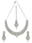 Sukkhi Fashion Rhodium Plated Silver AD White Stone Collar Bone Necklace Set With Earring And Maangtika | Jewellery Set For Women (NS105671)