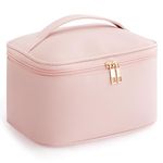 HBlife Travel Makeup Bag Portable Cute Leather Cosmetic Bag Large Make Up Bag Makeup Case Organizer Toiletry Bag for Women Girls with Handle and Removable Divider(Pink)