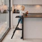 Height Adjustable Foldable Learning Tower for Children 1-6 Years, The Original Wooden Kitchen Helper Stool with Safety Bar & Locking Pins, Montessori Step Stool for Kitchen & Bathroom, Black