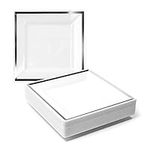 MATANA 20 Premium Square White Plastic Dessert Plates with Silver Rim, 16.5cm / 6.5 Inch - Reusable Small Side Plates, Starter Plates for Weddings, Birthdays, Picnic, BBQ, Parties