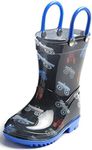 Puddle Play Toddler and Kids Rain Boots with Easy On Handles - Boys Blue Monster Truck Design Little Kid Size 12