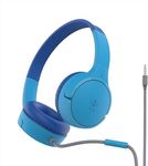 Belkin SoundForm Mini Kids Wired Headphones with Built-in Microphone & Fun Stickers, 85dB Safe Volume Limit – for Online Learning, Travel, Compatible w/iPhone 15, iPad, Galaxy S23, & More - Blue