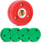 Green Biscuit 4-Pack Snipe New 2.0 Off Ice Hockey Pucks with 1 NHL Puck, Street Hockey Puck for Stickhandling and Shooting Practices - Official (Chicago Blackhawks)