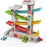 TOP BRIGHT Car Ramp Toy for 1 2 3 Year Old Boy Gifts, Toddler Race Track Toy for 18 Month Old with 4 Wooden Cars and 3 Car Garage