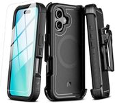 M MYBAT PRO Maverick Series iPhone 16 Plus Case with Belt Clip Holster,[Compatible with Magsafe] w/Screen Protector,Anti-Drop,Shockproof,with 360°Rotating Kickstand,Heavy Duty Protection Black