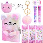 8 Pack Plush Bear Diary for Girls with Lock and Keys, Secret Kids Diary Set with Coin Purse Crystal Sticker Fur Ball Keychain 3 Multicolored Pen, Diary for Girls Kids Age 4-12