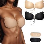 PHODIL Stick On Bra Strapless Bras 2 Pairs, Adhesive Bra Push Up Sticky Lifting Bra for Women, Backless Invisible Magic Bra for Wedding Dress with Nipple Covers